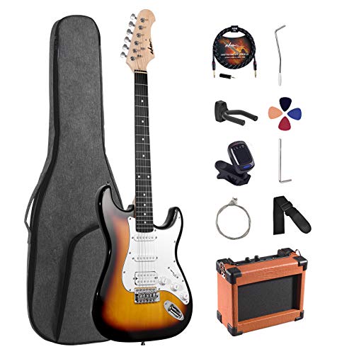 ADM Electric Guitar Beginner Kit 39 Inch Full Size Sunburst, Starter Package with Amplifier, Bag, Strap, String, Tuner, Cable and Picks (Sunburst)
