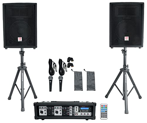Rockville Package PA System Mixer/Amp+10' Speakers+Stands+Mics+Bluetooth, (RPG2X10)