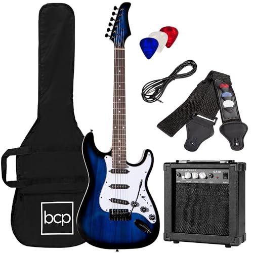 Best Choice Products 39in Full Size Beginner Electric Guitar Starter Kit w/Case, Strap, 10W Amp, Strings, Pick, Tremolo Bar - Hollywood Blue