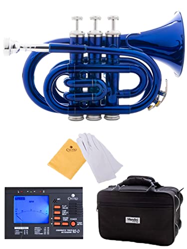 Mendini MPT-BL Blue Lacquer Brass Bb Pocket Trumpet + Tuner, Case, Valve Oil, & More