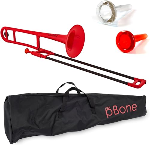PINSTRUMENTS Plastic pBone Trombone - Mouthpieces and Carrying Bag - Lightweight Versatile, Comfortable Ergonomic Grip - Bb Authentic Sound for Student & Beginner - Durable ABS Construction - Red