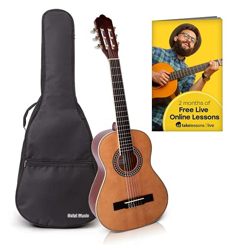 Classical Guitar with Soft Nylon Strings by Hola! Music, Half 1/2 Size 34 Inch for Junior Kids Model HG-34GLS, Natural Gloss Finish - FREE Padded Gig Bag Included