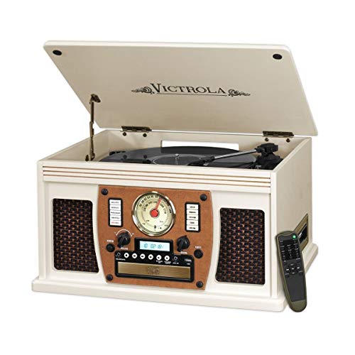 Victrola 8-in-1 Bluetooth Record Player & Multimedia Center, Built-in Stereo Speakers - Turntable, Wireless Music Streaming, Real Wood | White