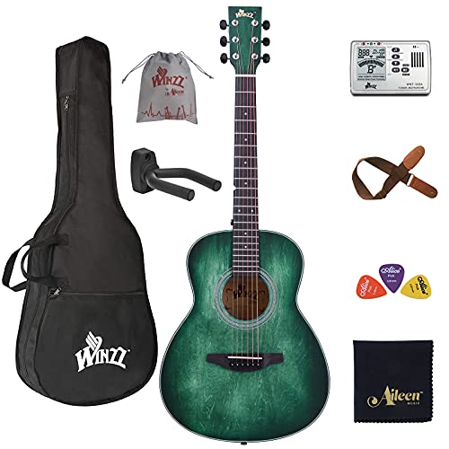 WINZZ HAND RUBBED Series - Left Handed 36 Inches 3/4 Acoustic Acustica Guitar Travel Bundle with Bag, Metronome Tuner, Wall-mounted Hanger, Strap, Picks & Cleaning Cloth, Dark Hunter Green