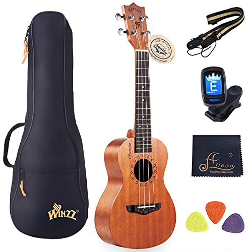 WINZZ HAND RUBBED Series - 21 Inches Soprano Ukulele Vintage Hawaiian Uke with Online Lessons, Bag, Tuner, Strap, Extra Strings, Fingerboard Sticker, Natural