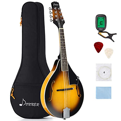 Donner A Style Mandolin Instrument Sunburst Beginner Adult Acoustic Mandolin Musical Instrument Mahogany 8 String, Bundle With Tuner String Bag Guitar Picks,DML-1