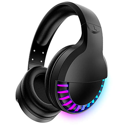 Wireless Bluetooth Headphone with Noise Cancellation HiFi Stereo Sound Mic Deep Bass Protein Earpad Rainbow RGB Backlight Rechageable Over Ear Headset for PC Mac Game Travel Class Home Office(Black)