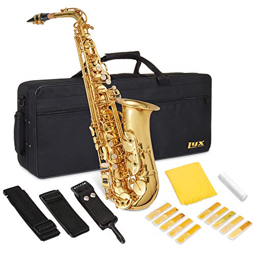 LyxJam Alto Saxophone E Flat Brass Sax Kit, Professional Sound, Complete Accessories, Ideal for All Players, Includes Hard Case, 10 Extra Reeds, Strap, Gloves, Cleaning Kit & More, Gold Lacquer Finish