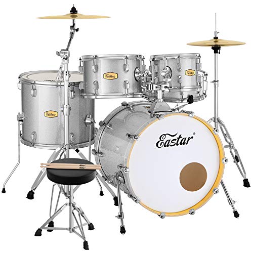 Eastar Drum Set 5 Piece Complete Kit for Adult Junior Teen, Professional Full Size Drum Set with Cymbals Stands Stool and Sticks, Starry Silver