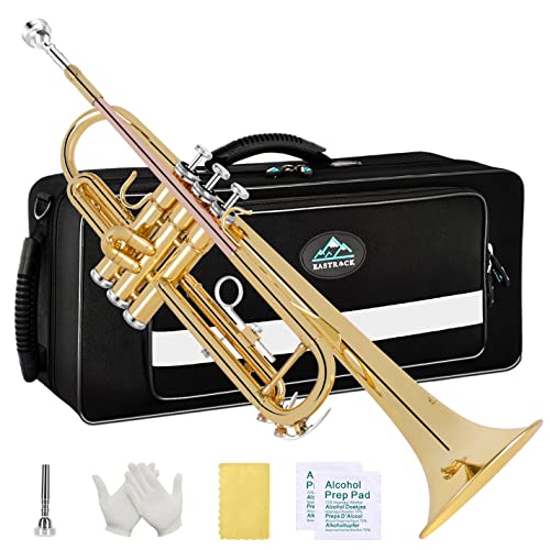 EASTROCK Bb Trumpet Standard Trumpet Set with Carrying Case,Gloves, 7C Mouthpiece, Cleaning Kit, Tuning Rod (GOLD/Phosphor Copper)