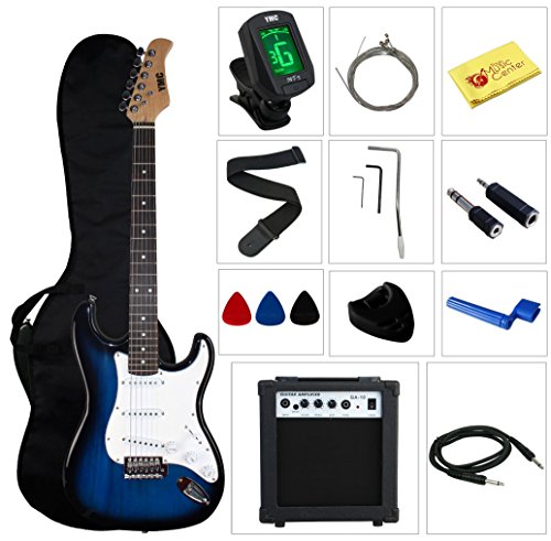 Stedman Pro Beginner Series Electric Guitar with Case, Strap, Cable, Picks, Tuner, String Winder and Polish Cloth, 10 W Amp, 39'' L, Transparent Blue
