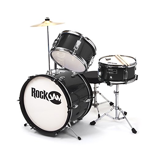 RockJam 3-Piece Junior Drum Set with Crash Cymbal, Drumsticks, Adjustable Throne and Accessories, Black, inch (RJ103-BK)