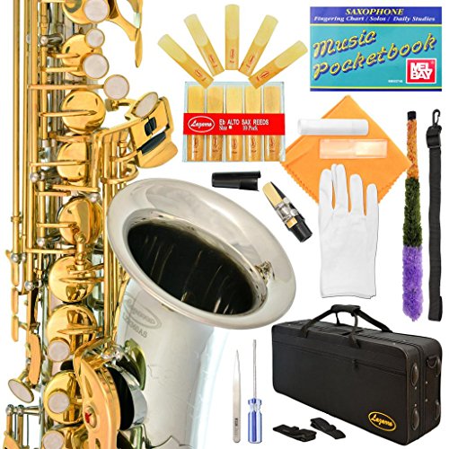 360-2C - Silver Body/Gold Keys Eb E Flat Alto Saxophone Sax Lazarro+11 Reeds,Music Pocketbook,Case,Care Kit - 24 Colors with Silver or Gold Keys